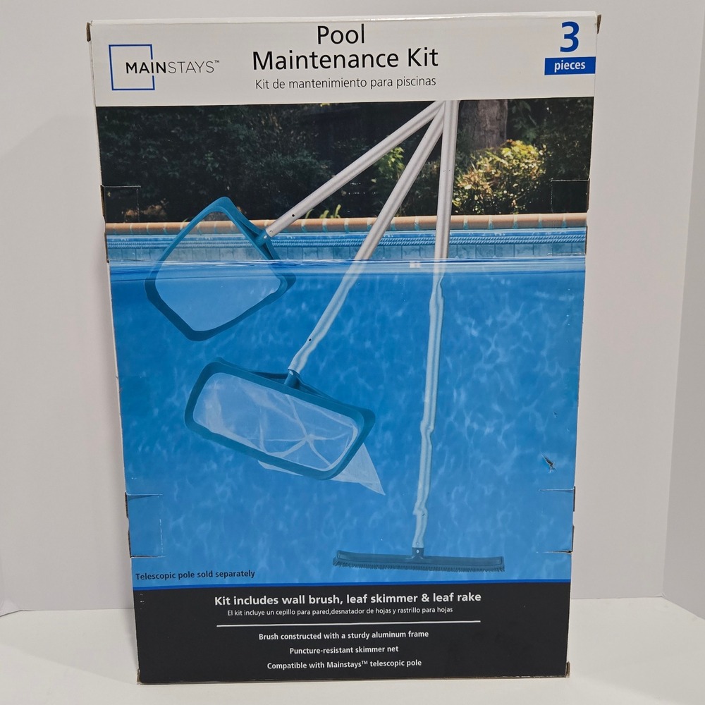 Mainstays Pool Maintenance Kit 3 Piece Wall Brush Leaf Skimmer Rake‎